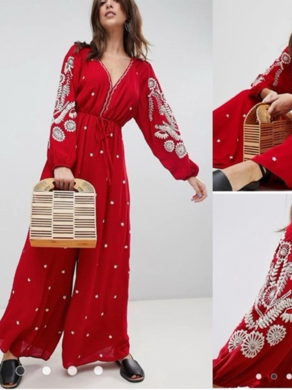 Free People Red Embroidered Jumpsuit Sz Medium